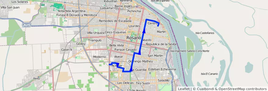 Mapa del recorrido Base de la línea 130 en Rosario.