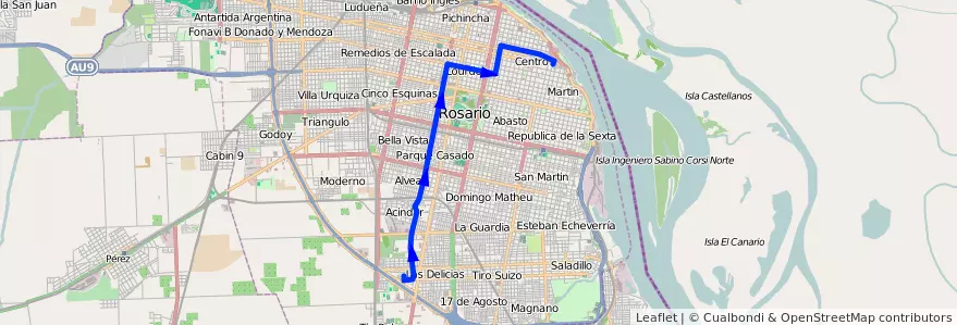 Mapa del recorrido Base de la línea 127 en Rosário.