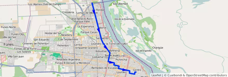 Mapa del recorrido Base de la línea Expreso en Rosário.