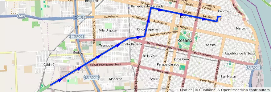 Mapa del recorrido Base de la línea Metropolitana en Rosário.