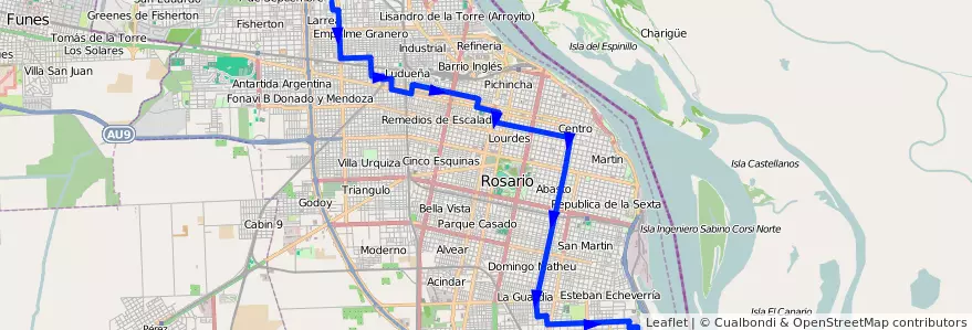 Mapa del recorrido Base de la línea 141 en Rosario.