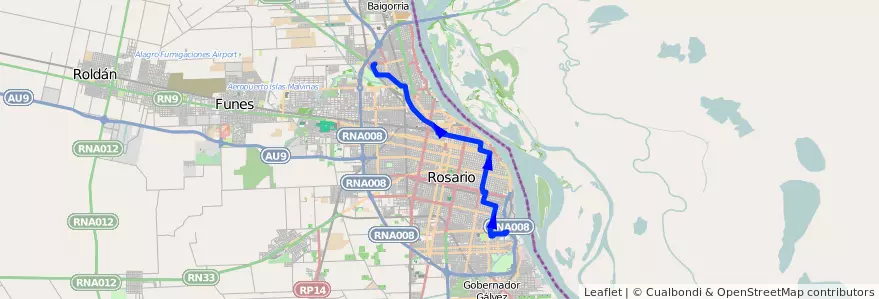 Mapa del recorrido Base de la línea 106 en Rosário.
