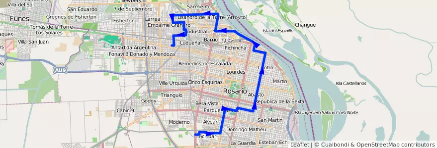 Mapa del recorrido Base de la línea 129 en Rosário.
