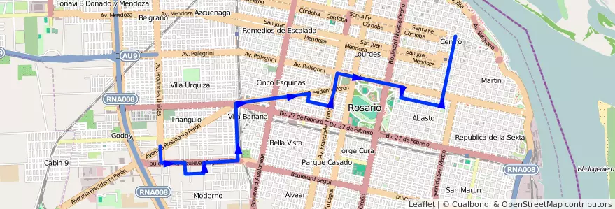 Mapa del recorrido Base de la línea 125 en Rosario.