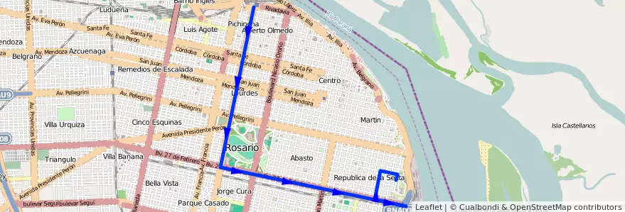 Mapa del recorrido Base de la línea Ronda del Centro en Rosario.