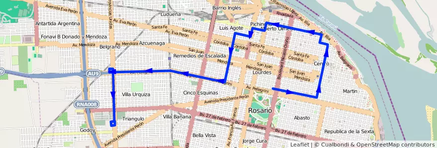 Mapa del recorrido Base de la línea 120 en Rosario.