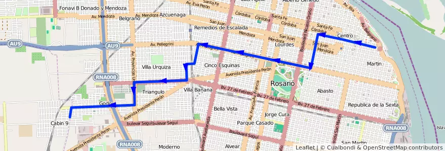 Mapa del recorrido Base de la línea 123 en 로사리오.
