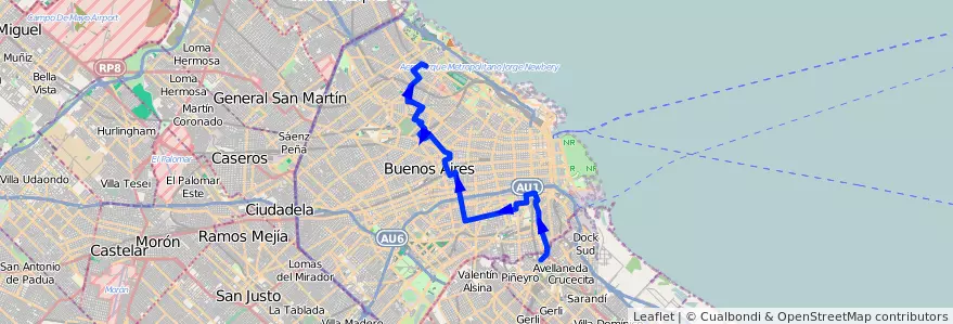 Mapa del recorrido Belgrano-Avellaneda de la línea 65 en Ciudad Autónoma de Buenos Aires.