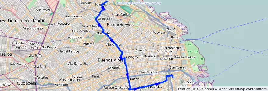 Mapa del recorrido Belgrano-Constitucion de la línea 65 en Буэнос-Айрес.
