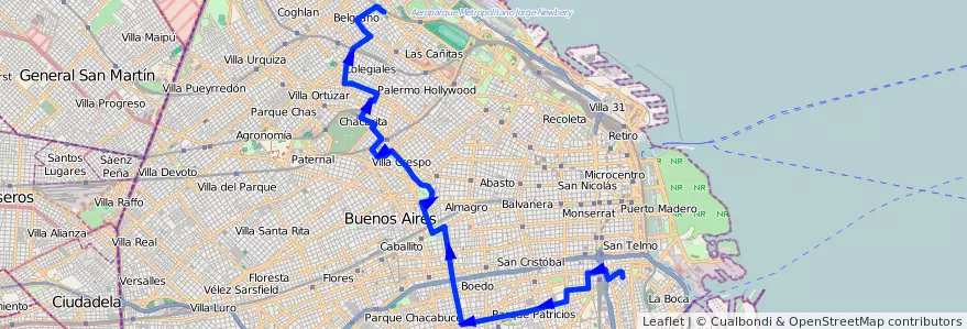 Mapa del recorrido Belgrano-Constitucion de la línea 65 en Буэнос-Айрес.