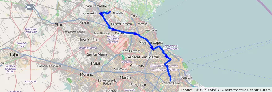 Mapa del recorrido Benavidez de la línea 15 en Argentina.