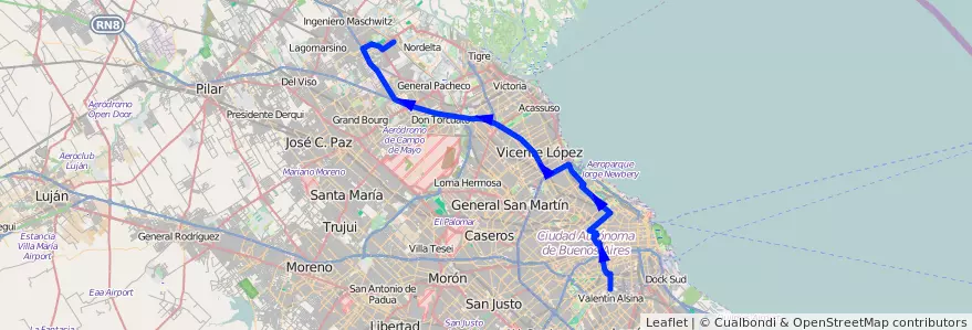 Mapa del recorrido Benavidez de la línea 15 en Argentina.