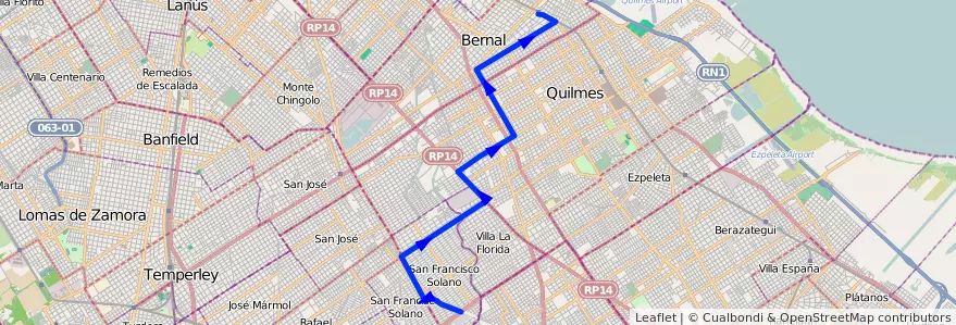 Mapa del recorrido Bernal-S.Fco Solano de la línea 219 en Partido de Quilmes.