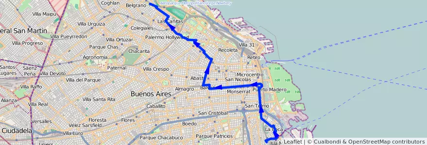 Mapa del recorrido Boca-Barracas de la línea 64 en Буэнос-Айрес.