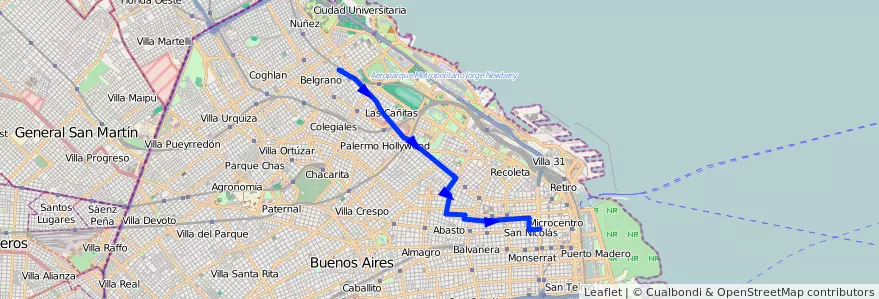 Mapa del recorrido Boca-Belgrano C de la línea 29 en Ciudad Autónoma de Buenos Aires.