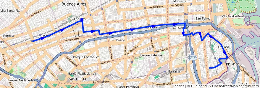 Mapa del recorrido Boca-Flores de la línea 53 en Буэнос-Айрес.