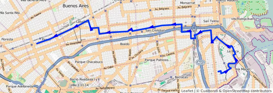 Mapa del recorrido Boca-Flores de la línea 53 en Буэнос-Айрес.