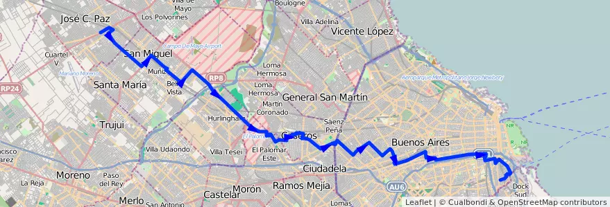Mapa del recorrido Boca-J.C.Paz de la línea 53 en الأرجنتين.