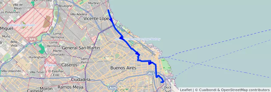 Mapa del recorrido Boca-Olivos de la línea 29 en Ciudad Autónoma de Buenos Aires.