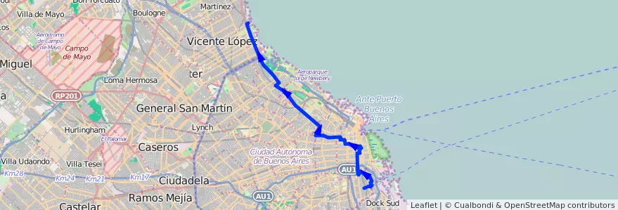 Mapa del recorrido Boca-Olivos de la línea 29 en Autonomous City of Buenos Aires.