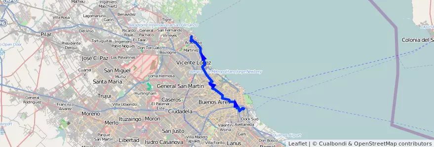 Mapa del recorrido Boca-San Isidro de la línea 168 en Argentina.