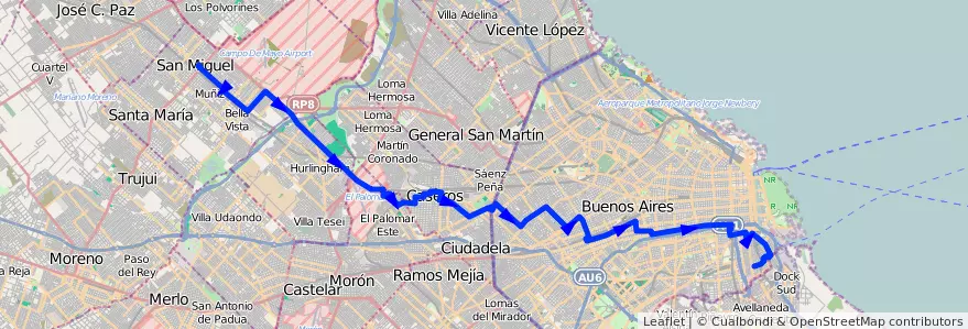 Mapa del recorrido Boca-San Miguel de la línea 53 en Argentina.