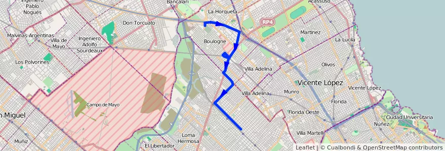 Mapa del recorrido Boulogne-V.Ballester de la línea 314 en Buenos Aires.