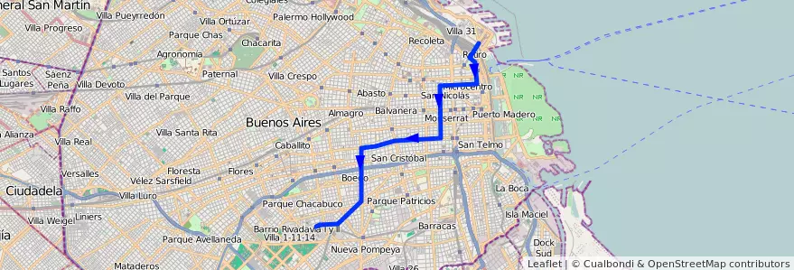 Mapa del recorrido B.Rivadavia-Retiro de la línea 23 en Буэнос-Айрес.