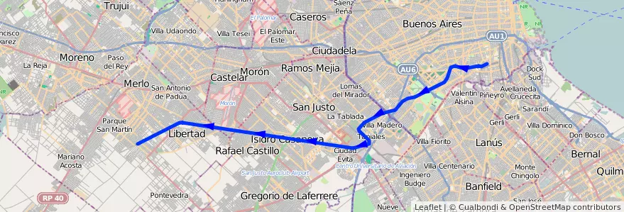 Mapa del recorrido  Buenos Aires-Marinos del Crucero Gral. Belgrano de la línea Ferrocarril General Belgrano en Argentina.
