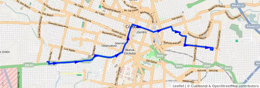 Mapa del recorrido C de la línea Trolebus en Municipio de Córdoba.