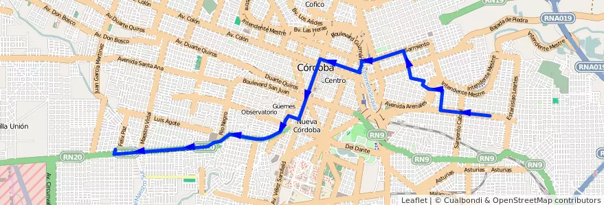 Mapa del recorrido C de la línea Trolebus en Municipio de Córdoba.