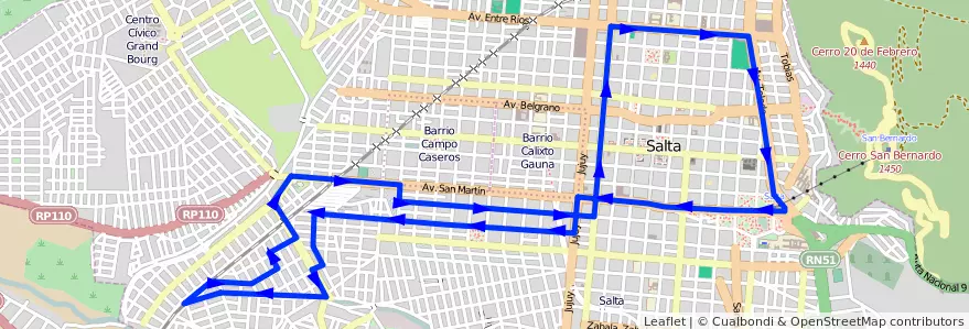 Mapa del recorrido C de la línea Corredor 5 en Salta.