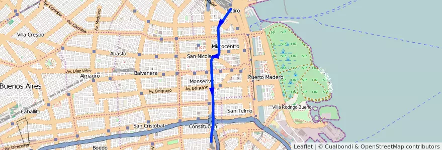 Mapa del recorrido C de la línea Subte en Comuna 1.