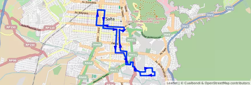 Mapa del recorrido C de la línea Corredor 2 en Salta.