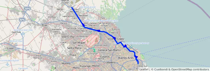 Mapa del recorrido C-E x Panamericana de la línea 60 en Argentina.