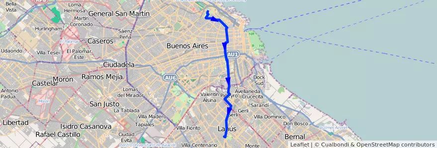 Mapa del recorrido C Palermo-Lanus de la línea 37 en Argentina.
