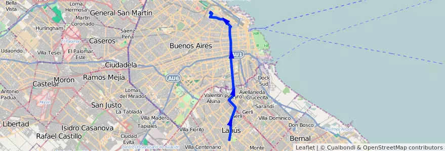 Mapa del recorrido C Palermo-Lanus de la línea 37 en آرژانتین.