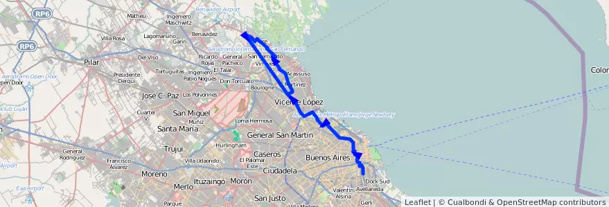 Mapa del recorrido C-T x Fleming de la línea 60 en Аргентина.