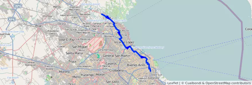 Mapa del recorrido C-T x Fleming de la línea 60 en Arjantin.