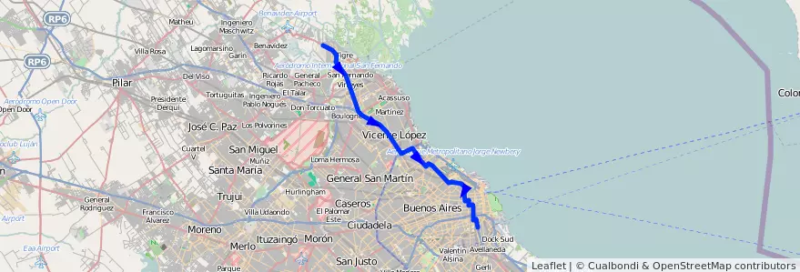 Mapa del recorrido C-T x Panamericana 1 de la línea 60 en Аргентина.
