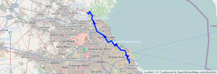 Mapa del recorrido C-T x Panamericana 2 de la línea 60 en Argentina.