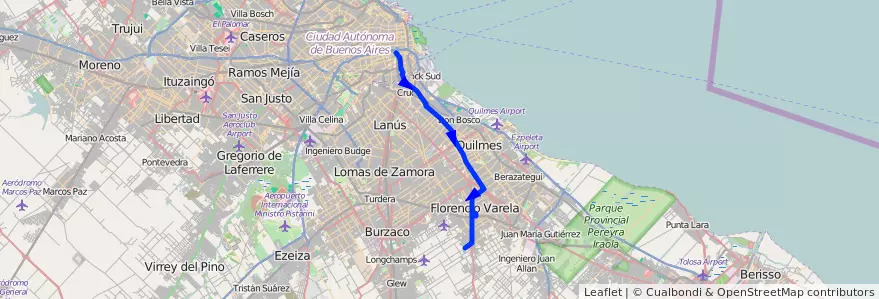 Mapa del recorrido C1 Constitucion-Varel de la línea 148 en Province de Buenos Aires.