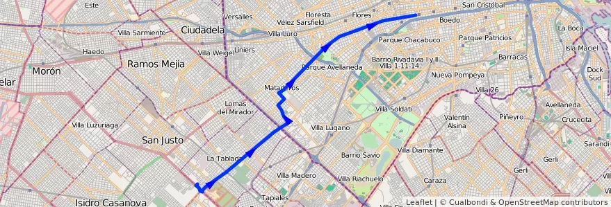 Mapa del recorrido Caballito-La Tablada de la línea 126 en Argentinien.
