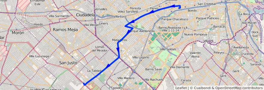 Mapa del recorrido Caballito-La Tablada de la línea 126 en Argentinien.