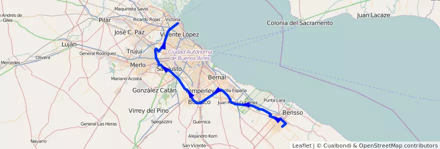 Mapa del recorrido Camino Centenario de la línea 338 (TALP) en Buenos Aires.