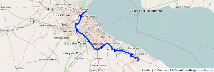 Mapa del recorrido Camino Centenario de la línea 338 (TALP) en Buenos Aires.