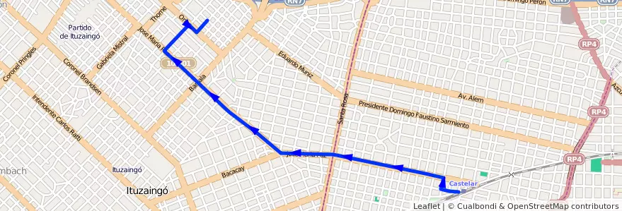 Mapa del recorrido Castelar-El Pilar de la línea 395 en Province de Buenos Aires.