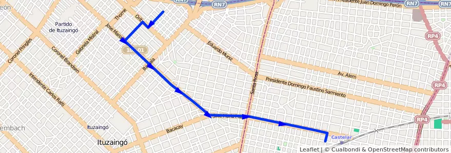 Mapa del recorrido Castelar-El Pilar de la línea 395 en Buenos Aires.