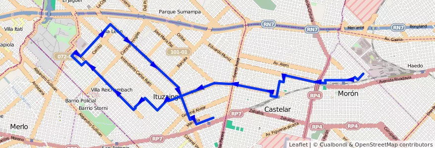 Mapa del recorrido Castelar-Ituzaingo de la línea 395 en Buenos Aires.