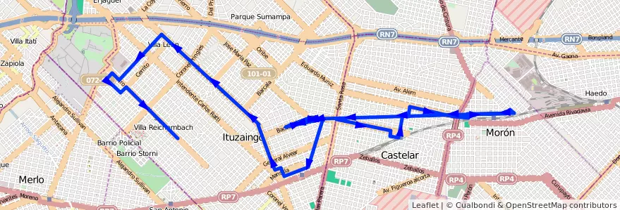 Mapa del recorrido Castelar-Ituzaingo de la línea 395 en Buenos Aires.